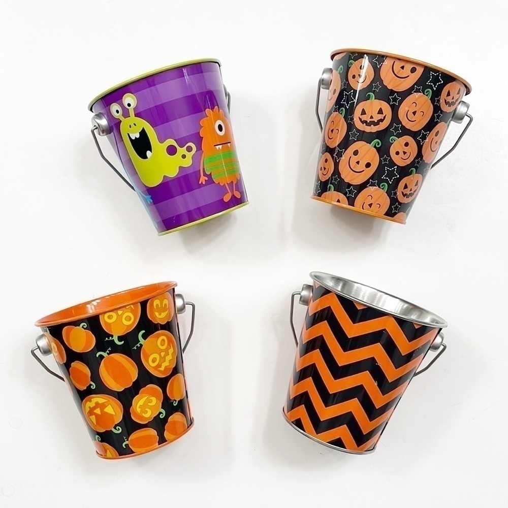Set of 4 small Halloween/monster print metal pails - 4 inch